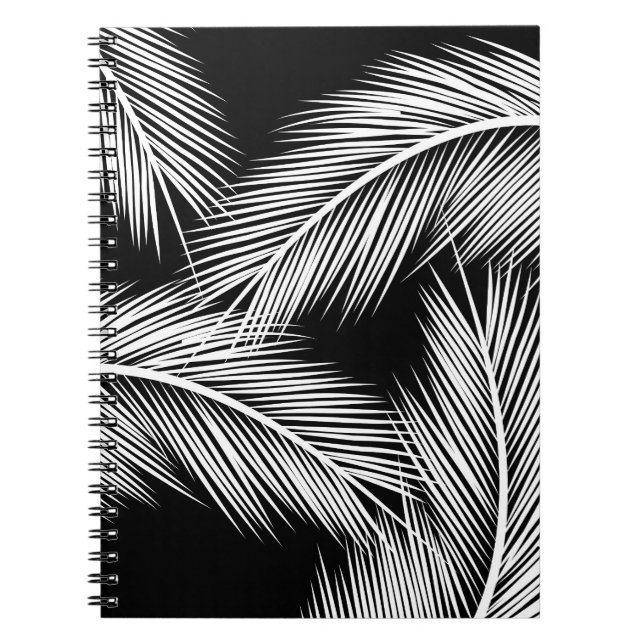 White palm leaves on black colour background notebook (Front)