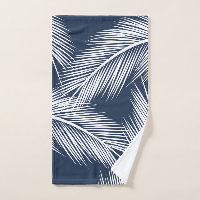 White palm leaves on dark blue colour background bath towel set (Hand Towel)