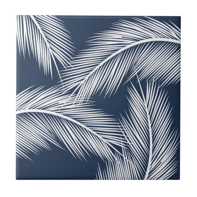 White palm leaves on dark blue colour background tile (Front)