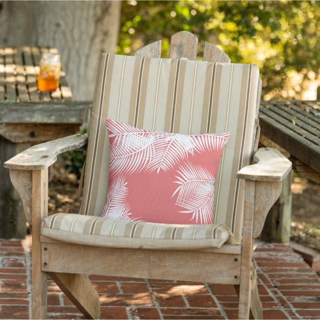 White Palm Leaves on Faux Coral Burlap  - Tropical Outdoor Cushion (Chair)