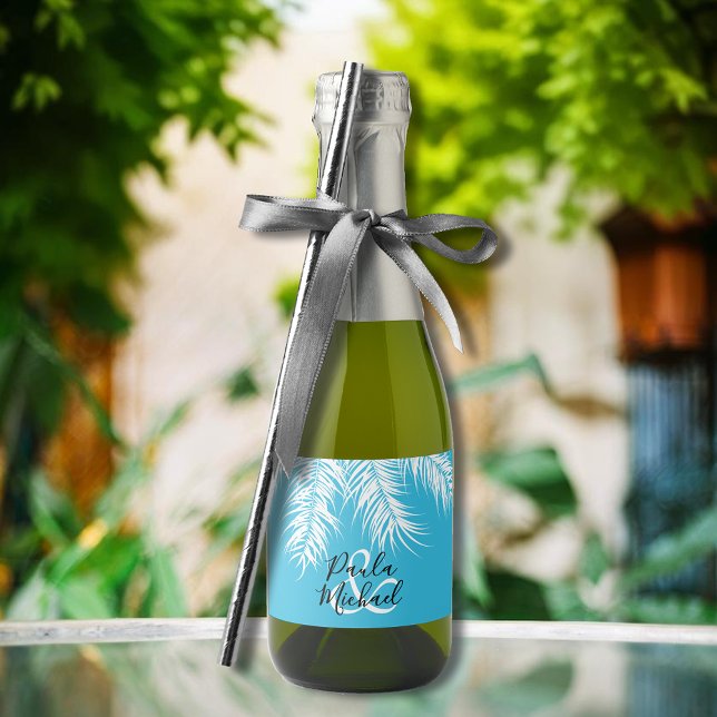 White Palm Tree Fronds on Tropical Blue Mini Sparkling Wine Label (White palm tree fronds on tropical blue mini sparkling wine label personalized for your wedding)