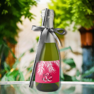 White Palm Tree Fronds on Tropical Hot PInk Mini Sparkling Wine Label