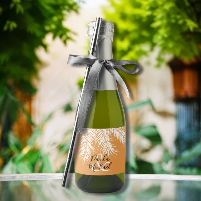 White Palm Tree Fronds on Tropical Orange Mini Sparkling Wine Label (White palm tree fronds on orange mini sparkling wine label personalized for your wedding)