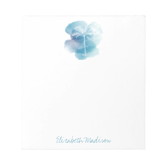White Palm Tree on Blue Watercolor Personalised Notepad (Front)