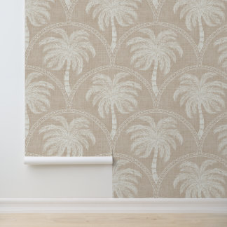 White Palm Trees on Beige Coastal Tropical Arches Wallpaper