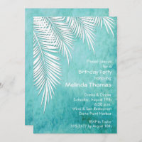 White Palm Trees on Ocean Blue Birthday Invitation