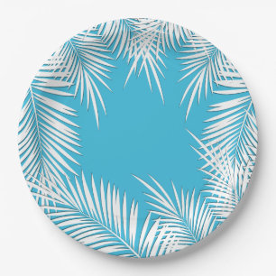 White Palms on Blue Tropical Theme Paper Plates