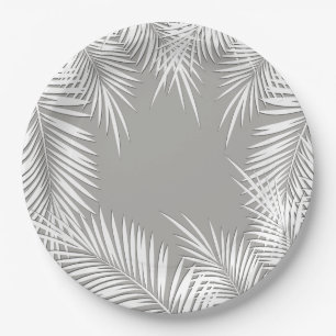 White Palms on Silver Tropical Theme Paper Plates