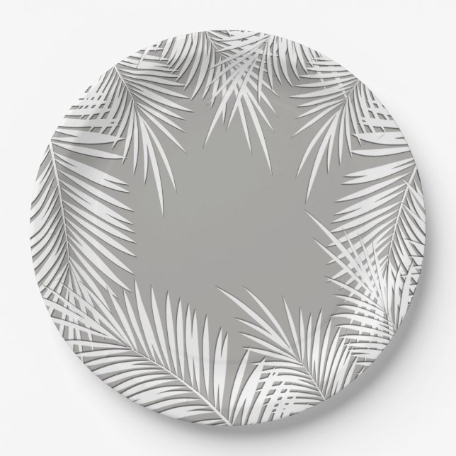 White Palms on Silver Tropical Theme Paper Plates (Front)