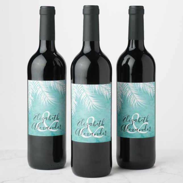 White Palms on Turquoise Wedding Personalised Wine Label (Bottles)