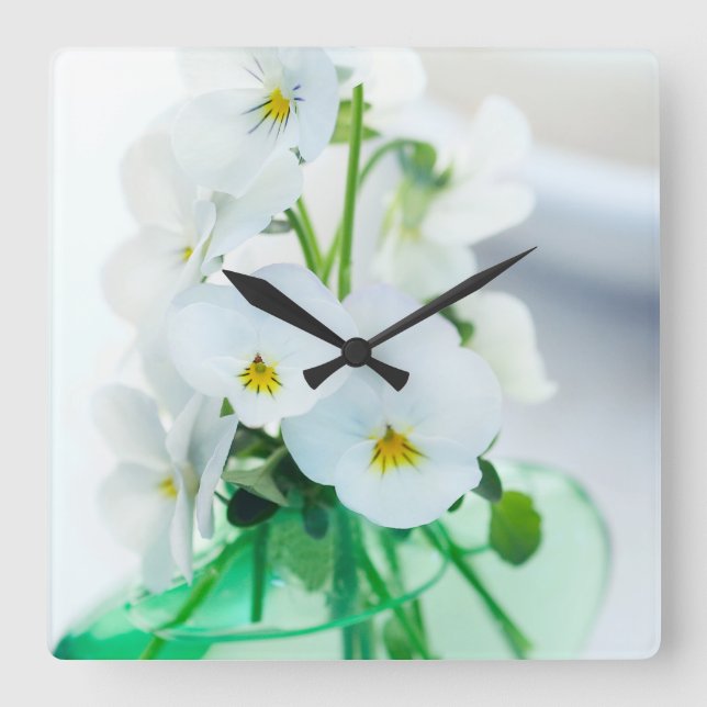 White Pansies Flowers Green Vase Floral Pansy Square Wall Clock (Front)