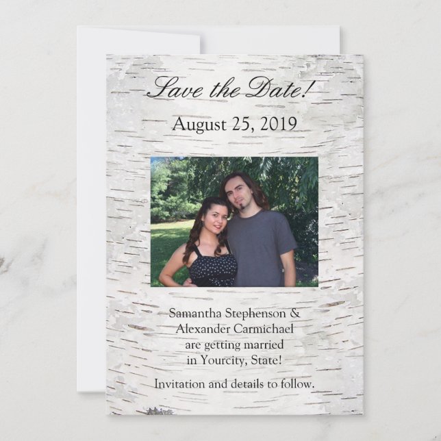 White Paper Birch Tree Bark Rustic Wood Wedding Invitation (Front)