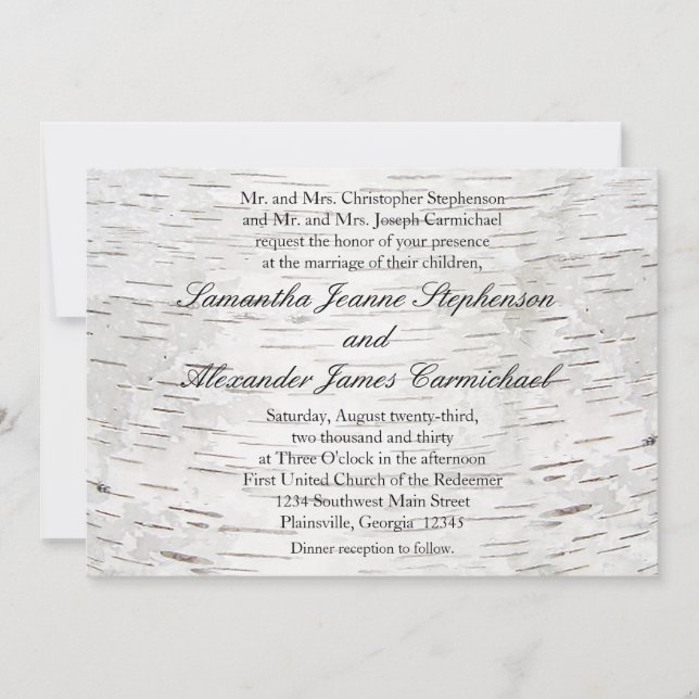 White Paper Birch Tree Bark Rustic Wood Wedding Invitation (Front)