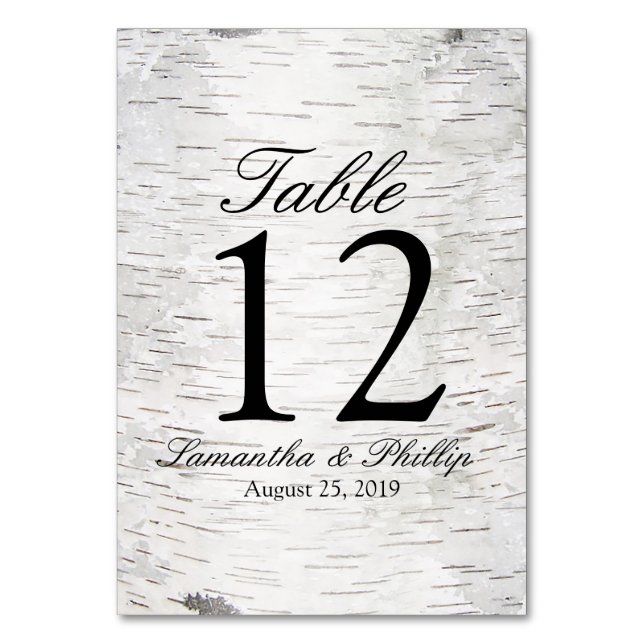 White Paper Birch Tree Bark Rustic Wood Wedding Table Number (Front)