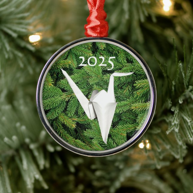 White Paper Crane , Pine Tree Background Ornament (Tree)