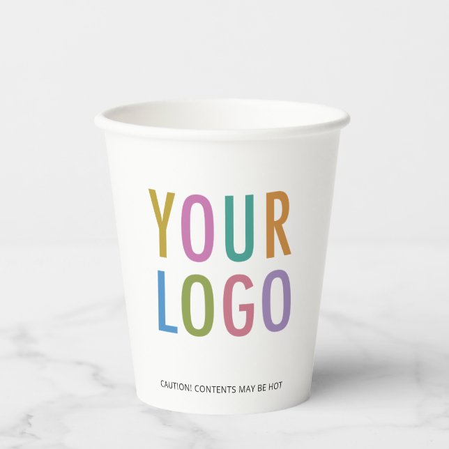 White Paper Cups Custom Business Logo Branded 8 oz (Front)