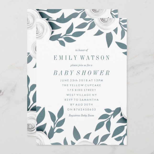 White Paper Flowers Baby Shower Invitation (Front/Back)
