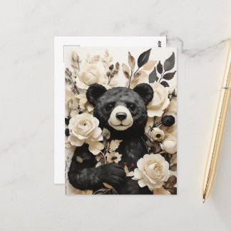 White Paper Roses & Black Bear Valentine Postcard