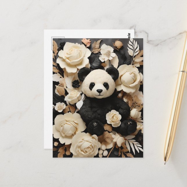 White Paper Roses & Panda Bear Valentine Postcard (Front/Back In Situ)