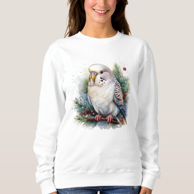 White Parakeet Perched on a Pine Branch Sweatshirt (Front)