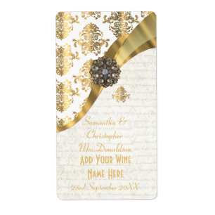 White parchment gold damask wedding wine bottle