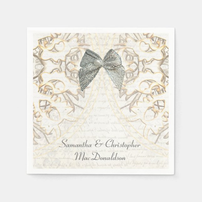 White parchment lace old damask wedding napkin (Front)