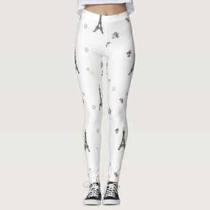 White Paris France Eiffel Tower Pattern Leggings