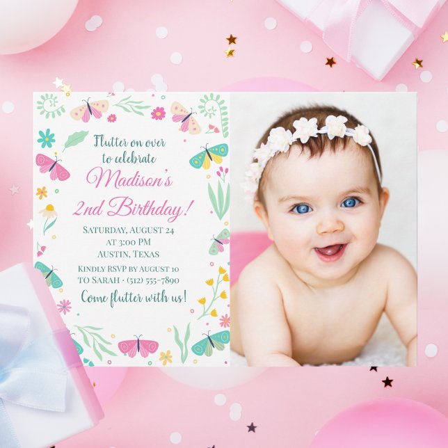 White Pastel Butterfly Girl Garden Photo Birthday  Invitation (Creator Uploaded)