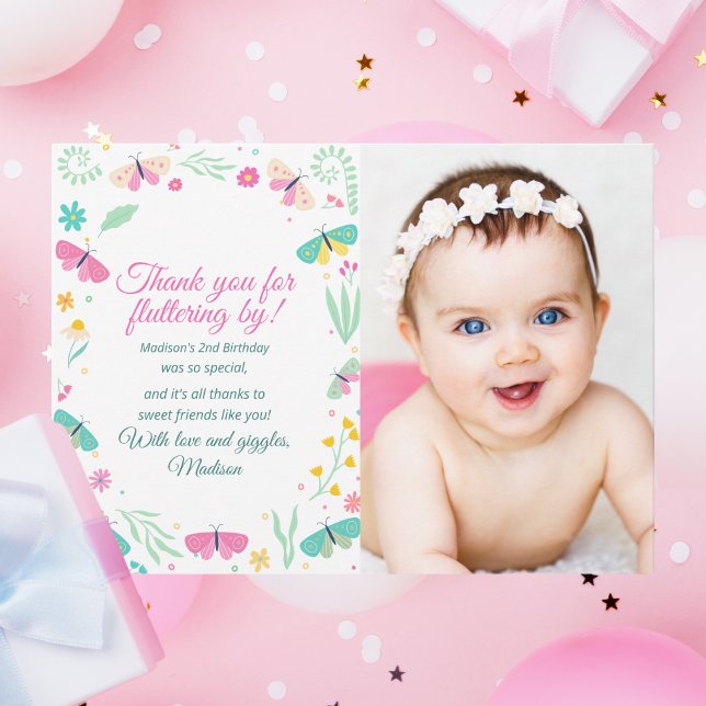 White Pastel Butterfly Girl’s Garden Photo Thank You Card (Creator Uploaded)