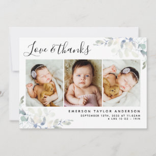 White Pastel Eucalyptus 3 Photo New Baby Thank You Card