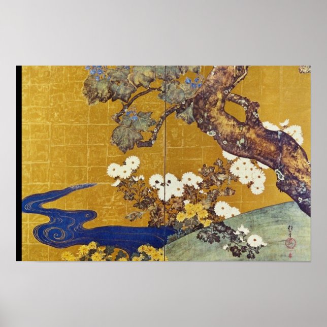 white Paulownias and Chrysanthemums, Sakai Hoitsu Poster (Front)