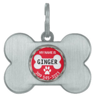 White Paw & Bone on Red Personalise Pet ID Tag
