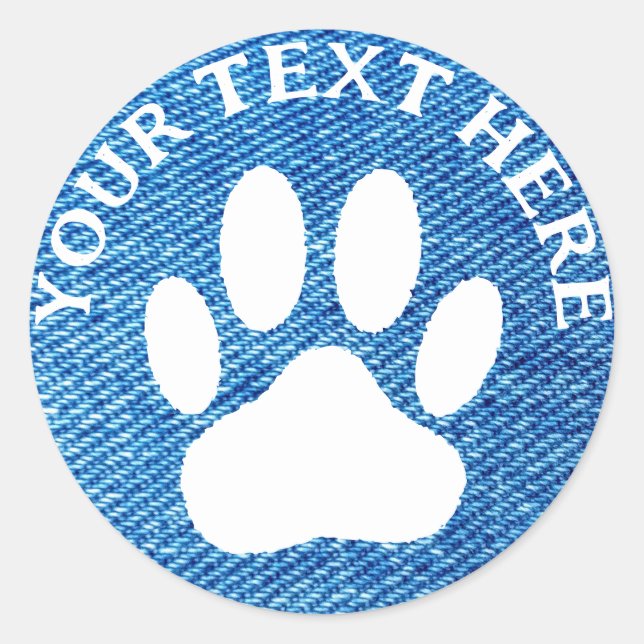White Paw Print Custom Text Blue Denim Print Classic Round Sticker (Front)