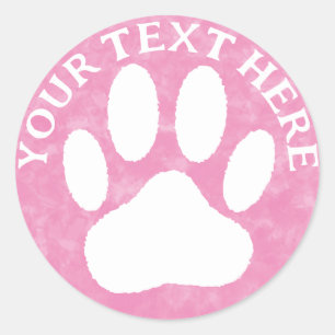 White Paw Print Custom Text Pink Watercolor Paint Classic Round Sticker