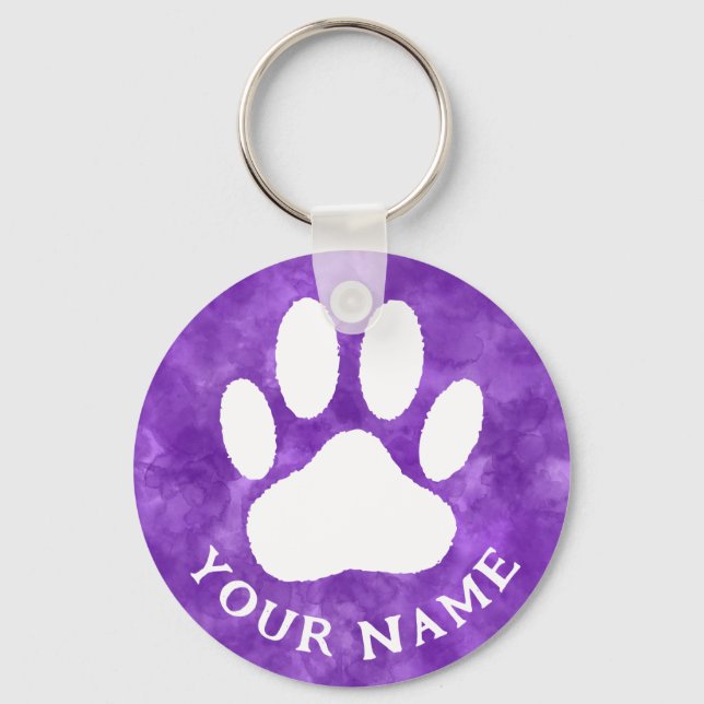 White Paw Print Custom Text Purple Watercolor Key Ring (Front)