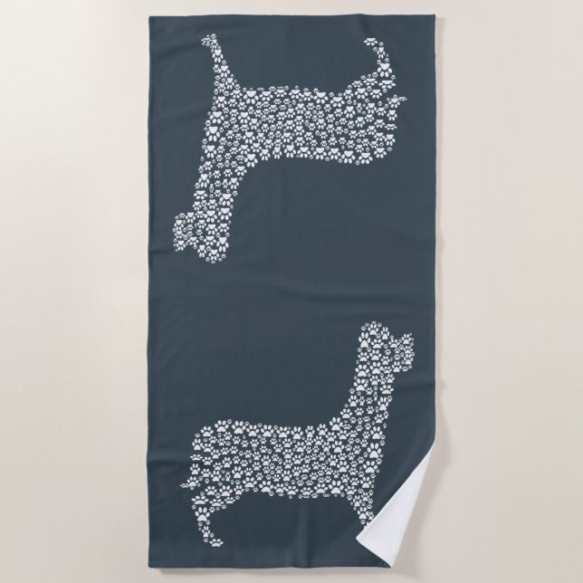 White Paw Print Dog Silhouette Pattern Fabric Beach Towel (Front)