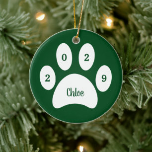 White Paw Print Green Cat Photo with Name Year Ceramic Tree Decoration