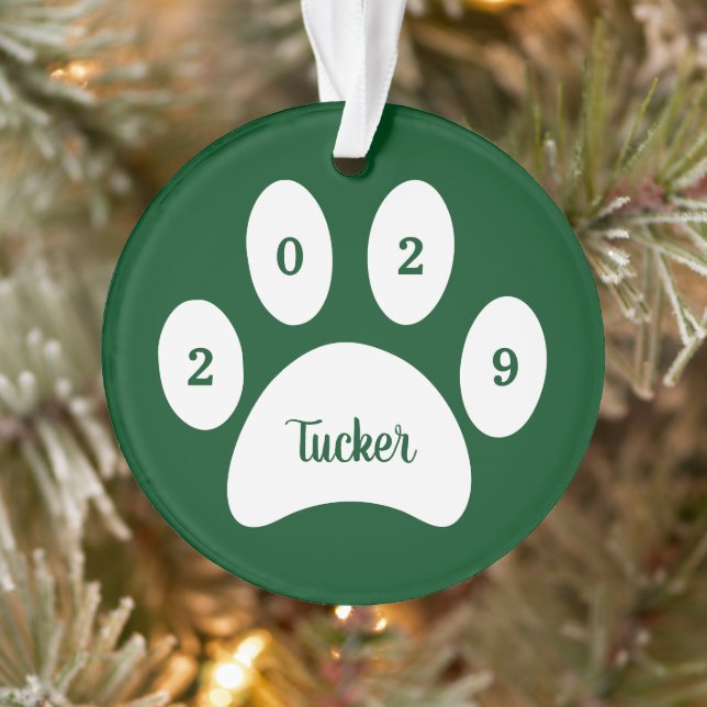 White Paw Print Green Dog Photo with Name Year Ornament (Tree)