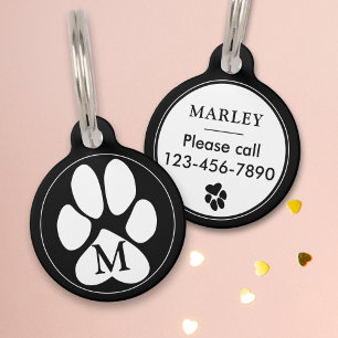 White Paw print Minimalist Monogram Custom colour Pet Tag