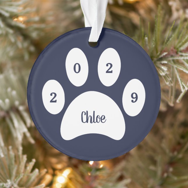 White Paw Print Navy Blue Cat Photo with Name Year Ornament (Tree)