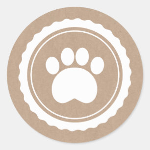 white paw print on brown paper classic round sticker