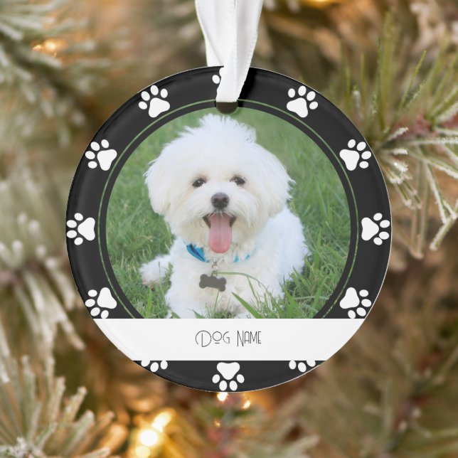 White Paw Prints Dog Name Ornament (Tree)