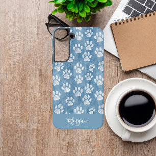 White Paw Prints on Blue Name – Rustic Pet Lover Samsung Galaxy Case