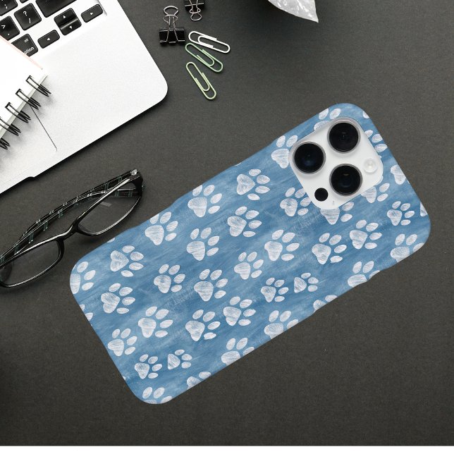 White Paw Prints on Blue – Rustic Pet Lover  iPhone Case (Creator Uploaded)