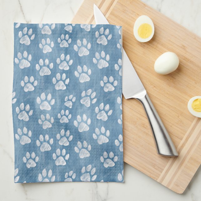 White Paw Prints on Blue – Rustic Pet Lover  Tea Towel (Quarter Fold)