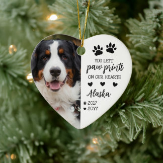 White Paw Prints On Our Hearts Pet Photo Ceramic Tree Decoration