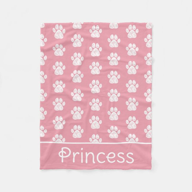 White Paw Prints on Pink Personalised Pet Fleece Blanket (Front)