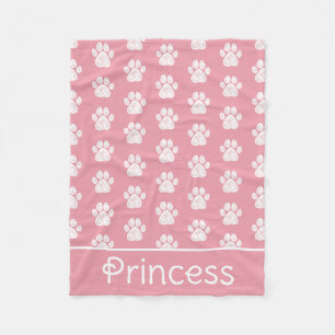 White Paw Prints on Pink Personalized Pet Fleece Blanket