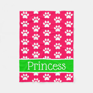 White Paw Prints on Pink With Green Personalised Fleece Blanket