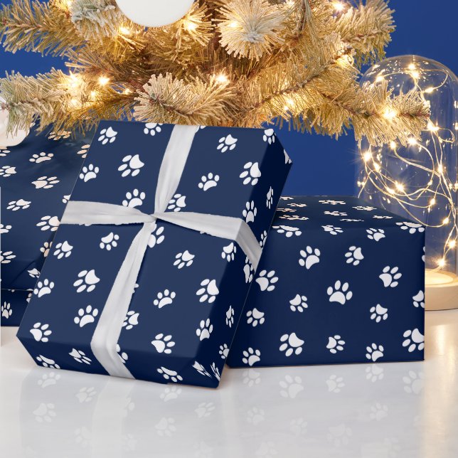 White Paw Prints Pattern on Blue Wrapping Paper (Holidays)